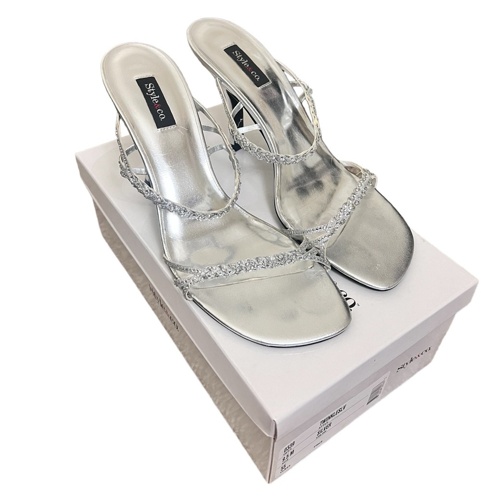 Style & Co. | Silver strappy shiny sandal heels size 9.5
